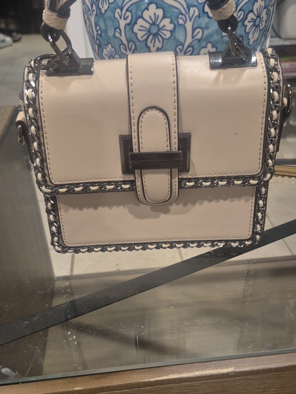 Structured Cream Leather Crossbody Bag with Chain Trim